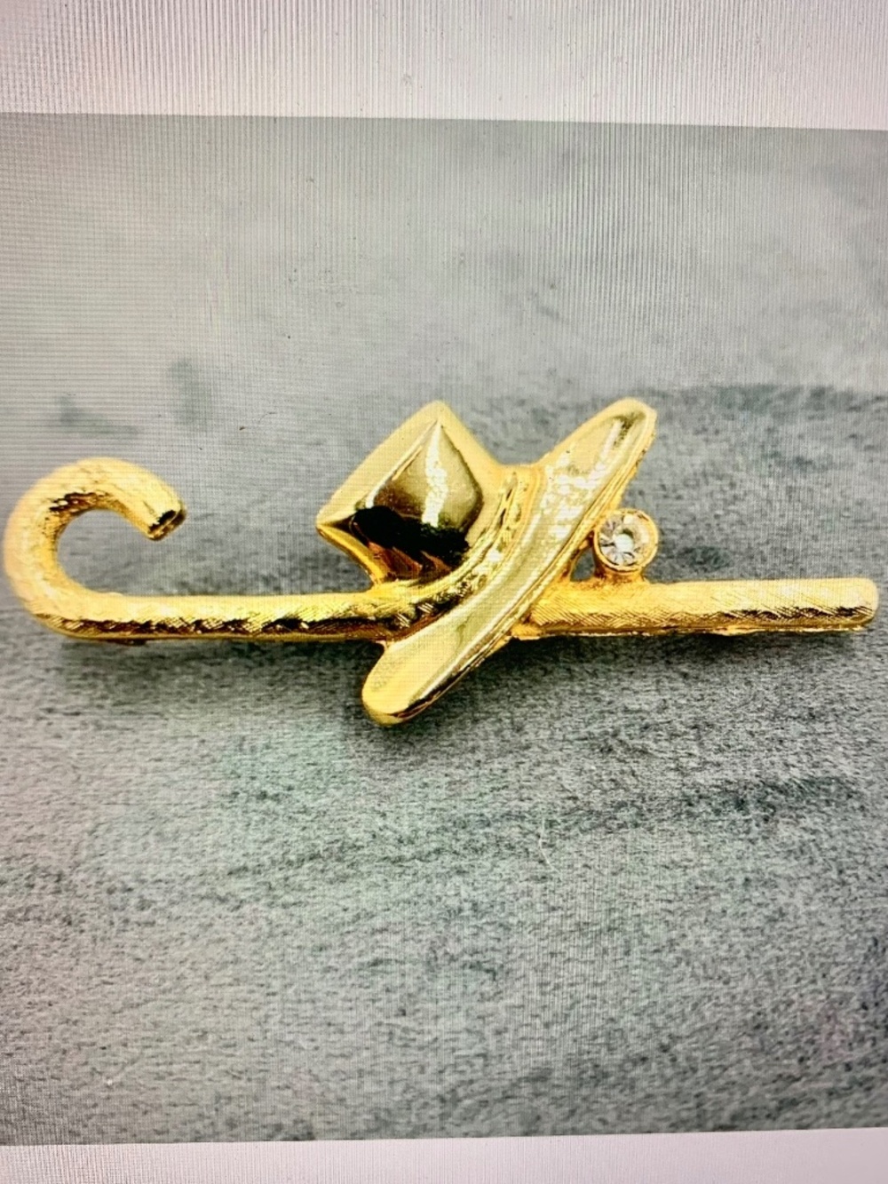 Top hat walking stick/cane lapel pin brooch novelty bling rhinestone gold-tone